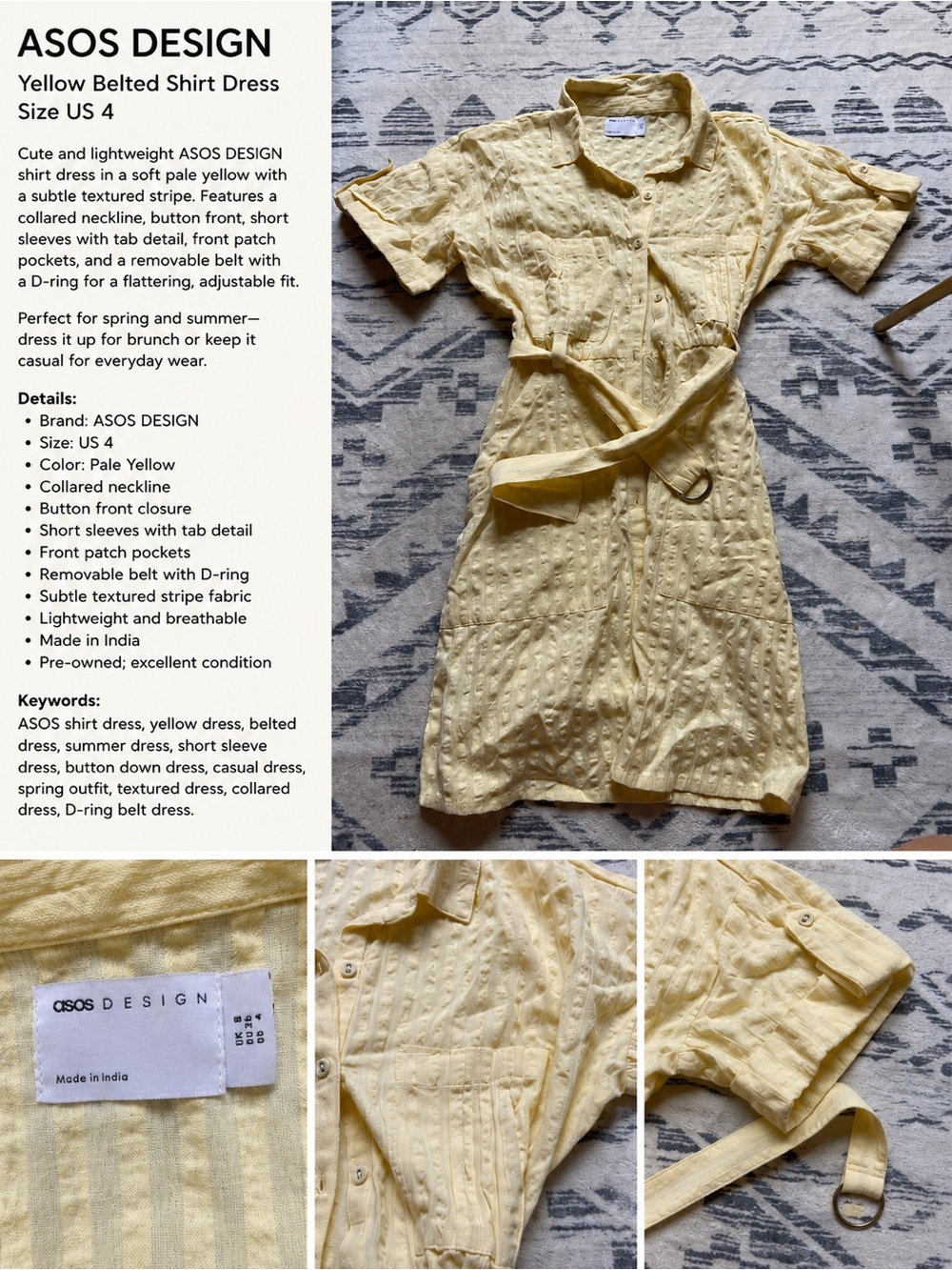 ASOS DESIGN Butter Yellow Belted Shirt Dress – Size US 4